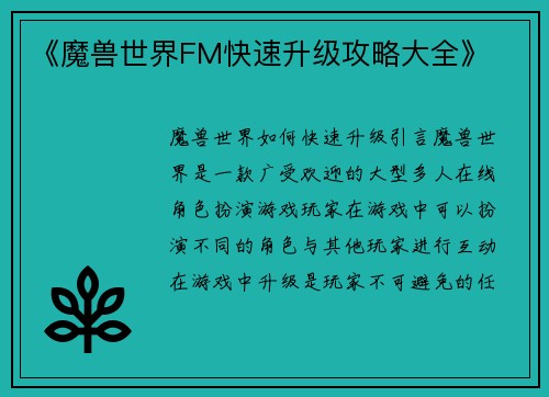 《魔兽世界FM快速升级攻略大全》